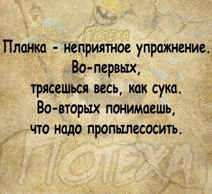 Планка неприятное упражнение Во первых трясвшься весь как сука Во вторых понимаешь что надо пропылесосить