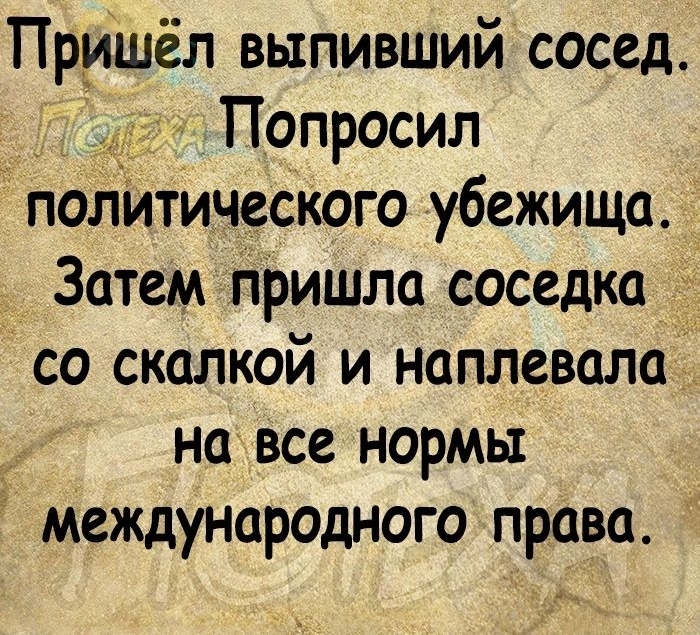 ПРИШёЛ ВЫПИВШИЙ СОССд Попросил политического убежища Затем пришла соседка і со скалкой и наплевала на все нормы международного права