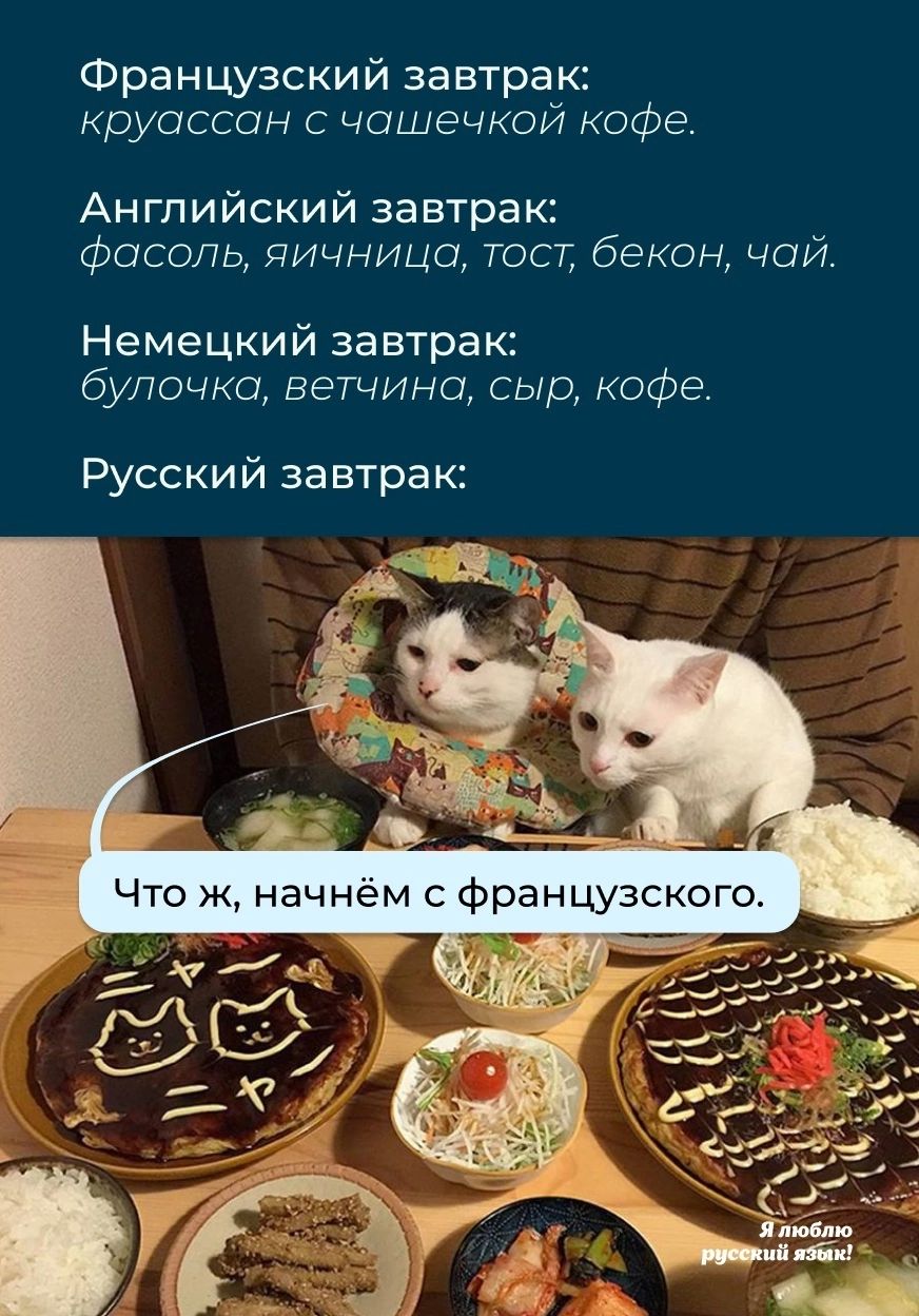 Французский завтрак круассан чашечкой кофе Английский завтрак фасоль яичница тост бекон чаи Немецкий завтрак булочка ветчина сыр кафе Русский завтрак