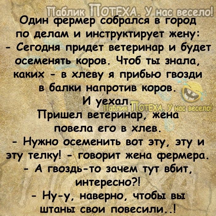 Один фермер собрался город по делам и инструктирует жену Сегодня придет ветеринар и будет осеменять коров Чтоб ты знала каких в хлеву я прибью гвозди балки напротив коров И уехал Пришел ветЁринпр жена повела его в хлев _ Нужно осеменить вот эту эту и эту телку говорит жена фермера А гвоздь то зачем тут вбит интересно Ну у наверно чтобы вы штаны сври повесили Т