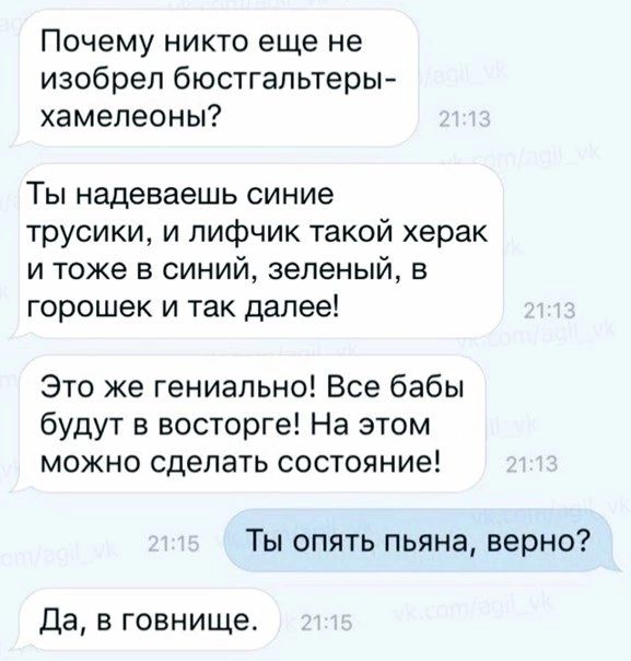 Почему никто еще не изобрел бюстгальтеры хамелеоны Ты надеваешь синие трусики и лифчик такой херак и тоже в синий зеленый в горошек и так далее Это же гениально Все бабы будут в восторге На этом можно сделать состояние Ты опять пьяна верно да в говнище