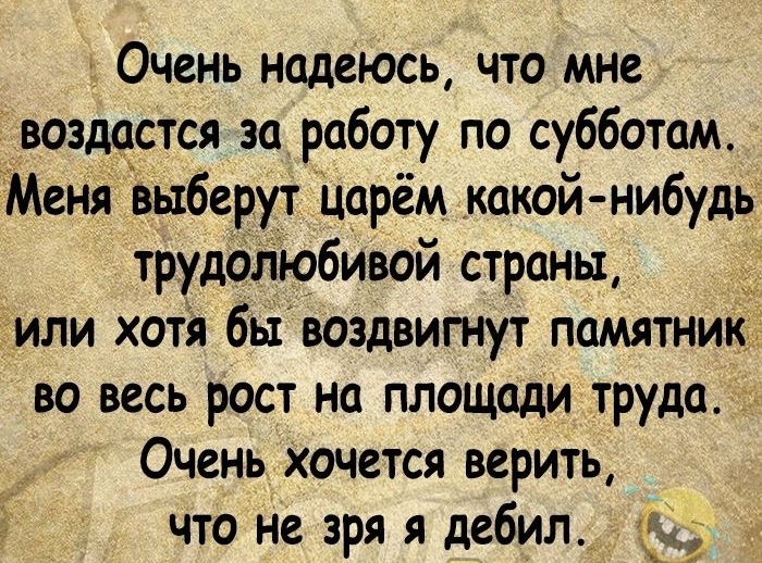 Очень надеюсь что мне воздастся за работу по субботам Меня выберут царём какой нибудь трудолюбивой страны или хотя бы воздвигнут памятник во весь рост на площади труда _ Очень хочется верить что не зря я дебил т втттанзьт 27