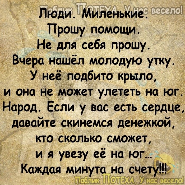 ЛЮДИ Миленькие 73 Прошу помощи Не для себя прошу Вчера нашёл молодую утку У неё подбито крыло и она не Может улететь на юг_ Народ Если у вас есть сердце давайте скинемся денежкой кто сколько сможет и я увезу её на юг Каждая мин с на сче Б ЁХАТЗШКЁ