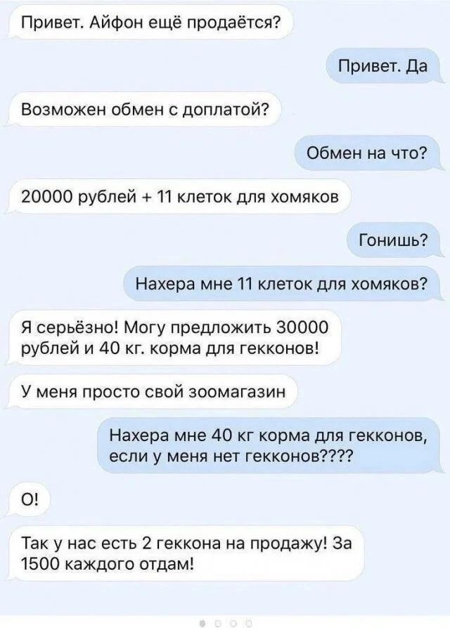 Привет Айфон ещё продаётся Привет да Возможен обмен с доплатой Обмен на что 20000 рублей 11 клеток для хомяков Гонишь Нахерэ мне 11 клеюк для хомяков Я серьёзно Могу предложить 30000 рублей и 40 кг корма для гекконов У меня просто свой зоомагазин Нахера мне 40 кг корма для гекконон если у меня нет гекконов 0 Так у нас есть 2 геккона на продажу за 1500 каждого отдам