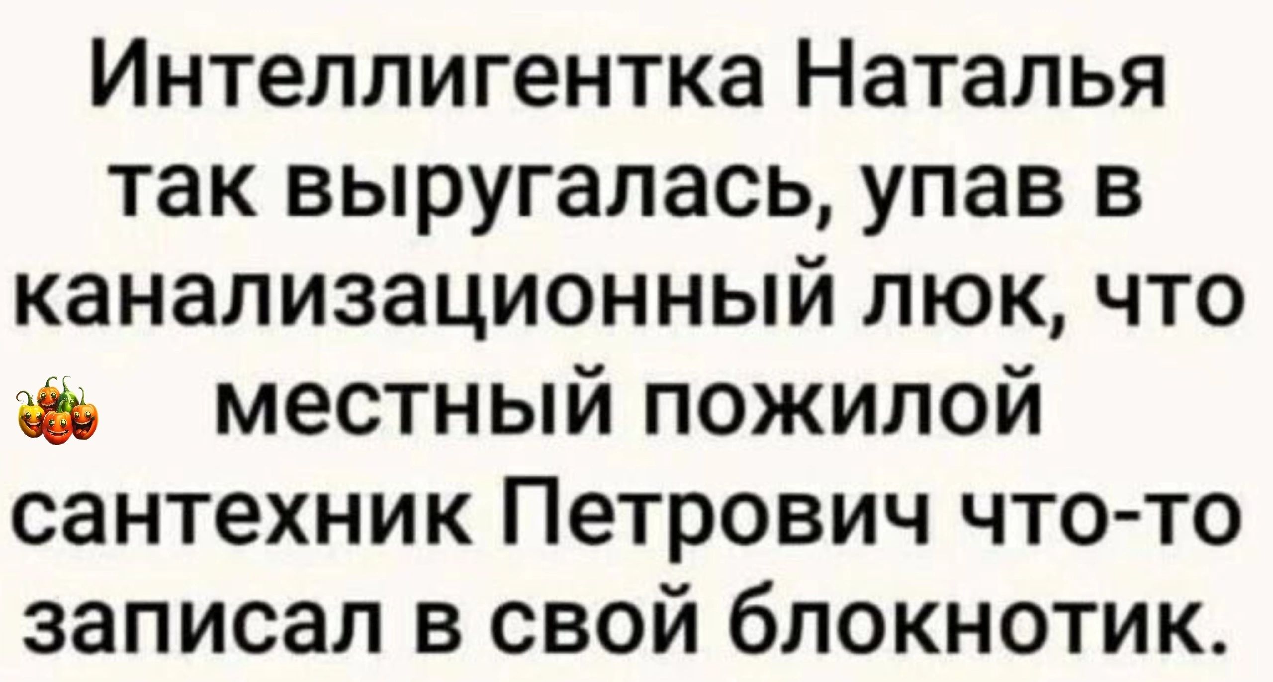 Интеллигентка Наталья так выругалась упав в канализационный люк что в местный пожилой сантехник Петрович что то записал в свой блокнотик