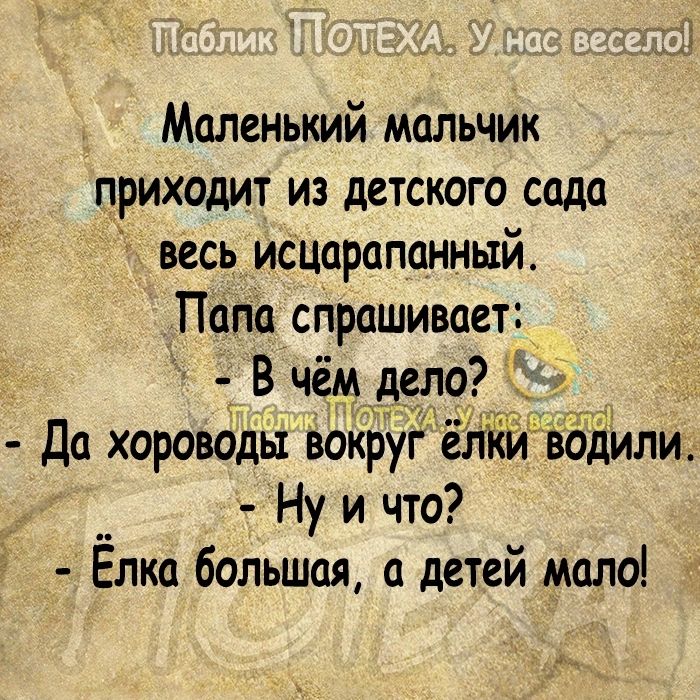 Маленький мальчик приходит из детского сада 7 весь исцараланный Пала спрашивает В чём дело Да хороводы вокруг елки водили Ну и что Ёлка большая а детей мало