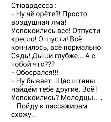 Стюардесса Ну чё орёте Просто воздушная яма Успокоились все Отпусти кресло Отпусти Всё кончилось всё нормально Сядь Дыши глубже А с тобой что Обосрался Ну бывает Щас штаны найдём тебе другие Всё Успокоипись Молодцы Пойду к пассажирам схожу