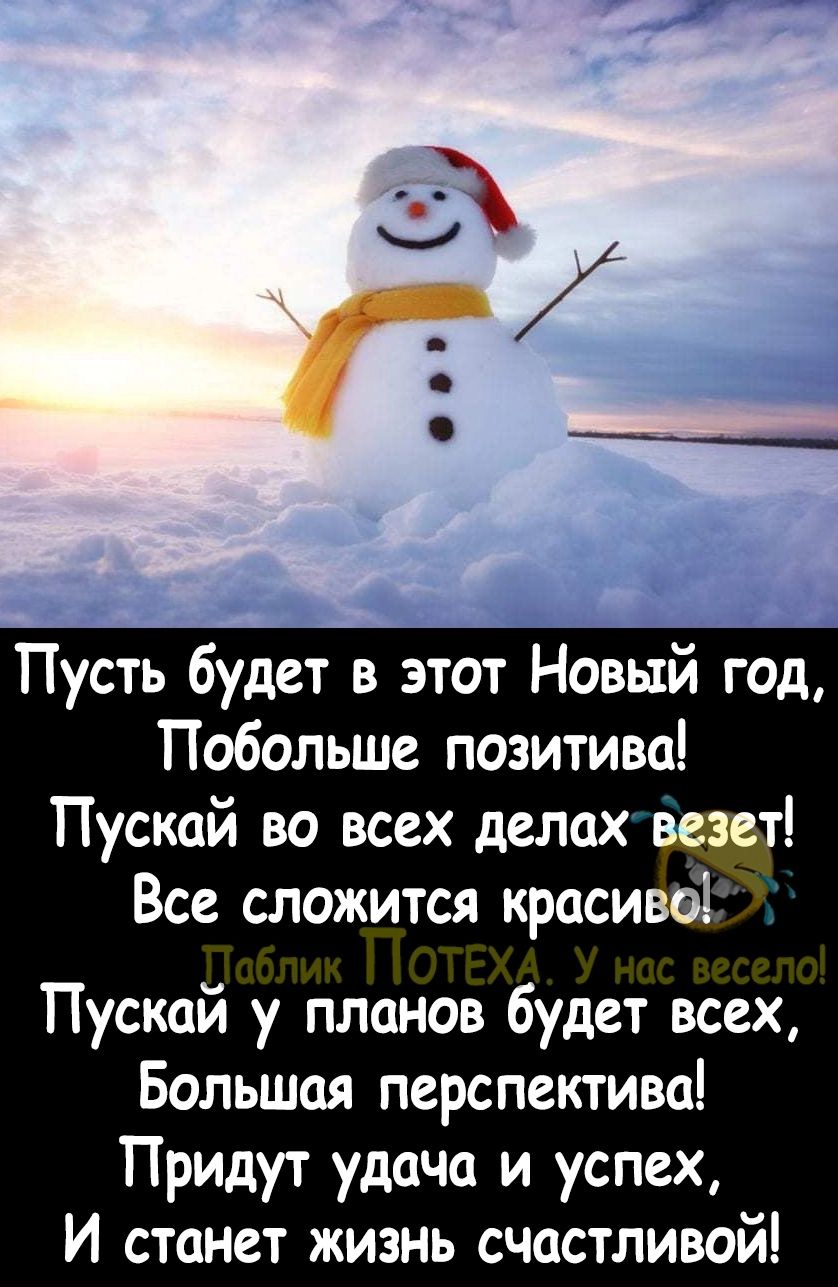 Пусть будет в этот Новый год Побольше позитива Пускай во всех делах Все сложится красива Пускай у планов будет всех Большая перспектива Придут удача и успех И станет жизнь счастливой