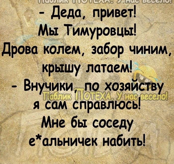 Деда привет Мы Тимуровцы Дроп колем забор чиним крышу летаем Внучики по удфзяиству я сам справпюсЁ Мне бы соседу еальничек набить