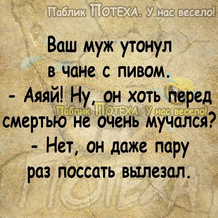 Ваш муж утонул в чине с пивом Аяяй Ну 9н хоть пе смертью ЁЁ сча ь муч Нет он даже пару раз ПОССЦТЬ вылезал