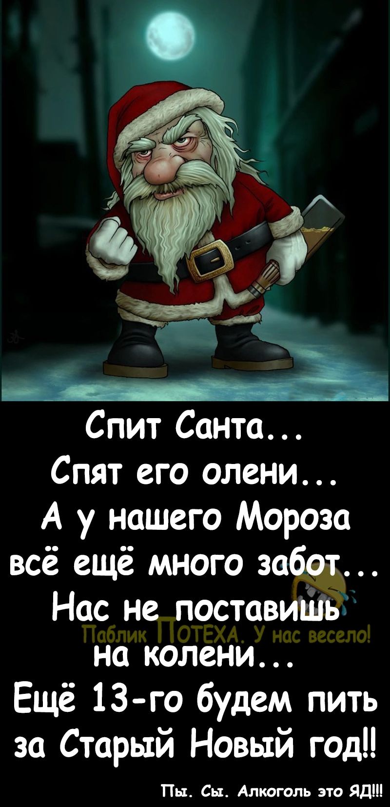 лёд у Э Спит Санто Спят его олени А у нашего Мороза всё ещё много 306 Нас не поставишв на колени Ещё 13 го будем пить за Старый Новый год Пн Сьъ Алкоголь это Яд