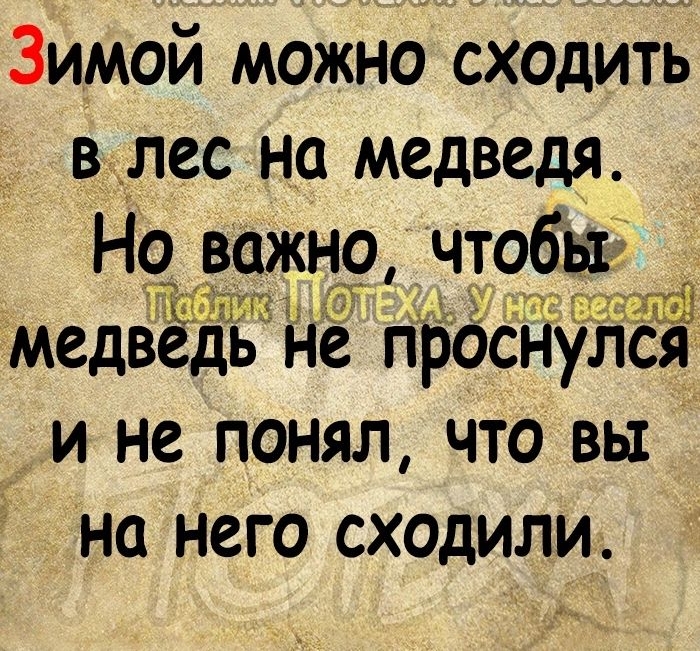 Зимой можно сходить в лес на медведя Но вожно чтобы на медвёдь не проснулся и не понял что вы на НЕГО СХОДИЛИ