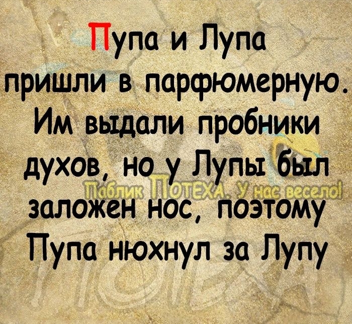 Пупа и Лупа пришли в_ парфюмерную Им выдали пробники _ духов Но у Лупы бьіл залояёён нос поэтому Пупа нюхнул за Лупу Ч