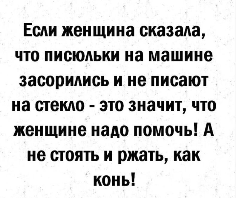 Если женщина сказала что писюдьки на машине засоридись и не писают на стекло это значит что женщине надо помочь А не стоять и ржать как конь