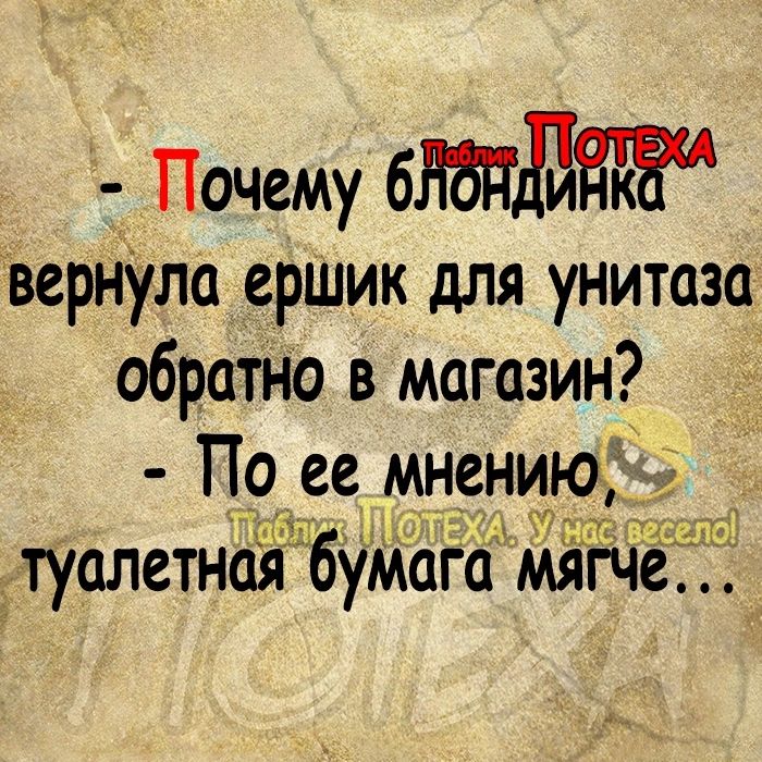 1 Почему бд вернула ершик для унитаза обратно в магазин По ее мнению хЩ_ туалетная бумага мйгЧе