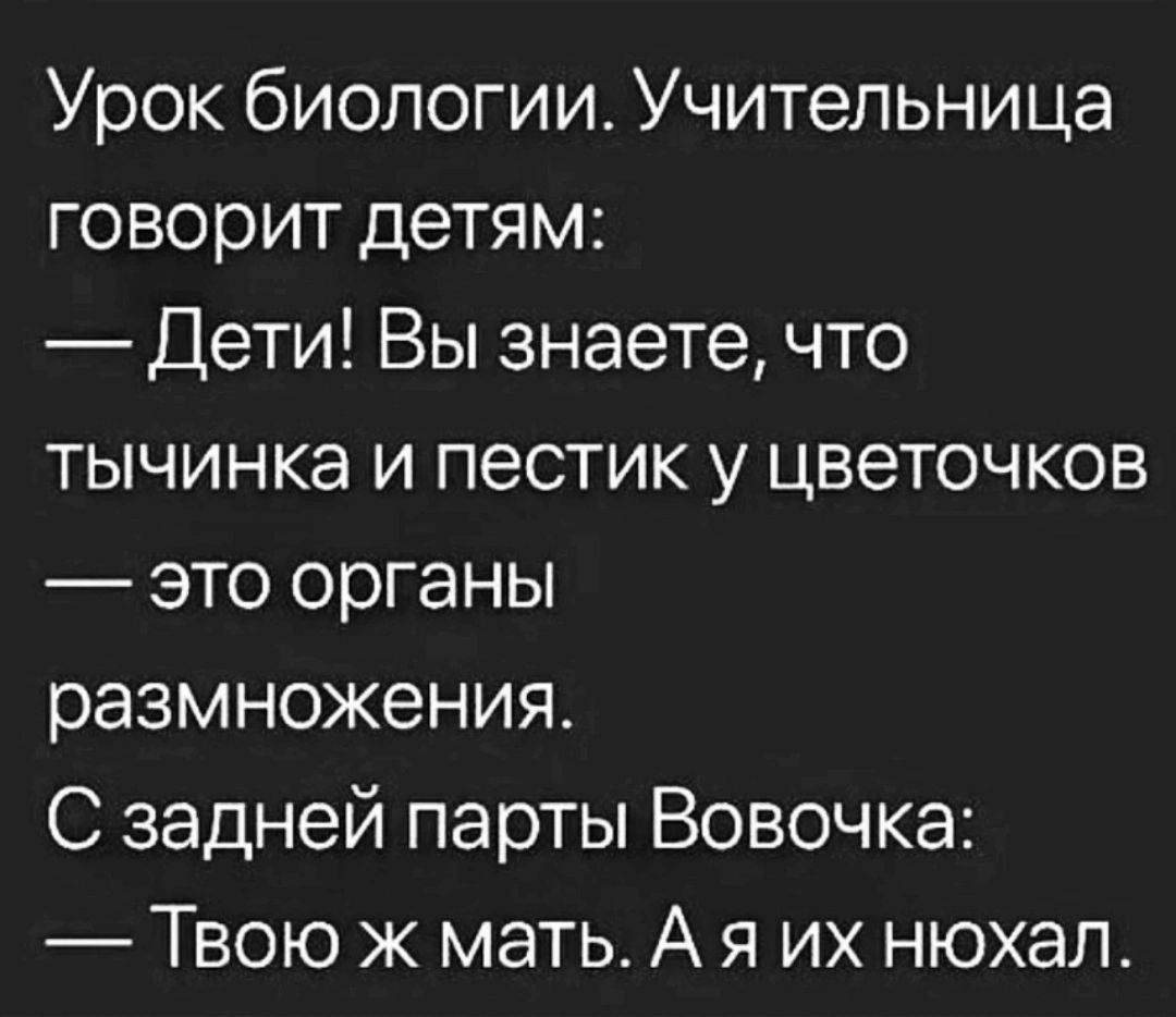 Урок биологии Учительница говорит детям Дети Вы знаетечто тычинка и пестик у цветочков это органы размножения С задней парты Вовочка Твою ж мать А я их нюхал