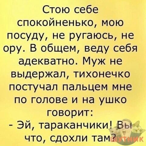 Стою себе спокойненько мою посуду не ругаюсь не ору В общем веду себя адекватно Муж не выдержал тихонечко постучал пальцем мне по голове и на ушко говорит Эй тараканчики Вьгз что сдохли там1