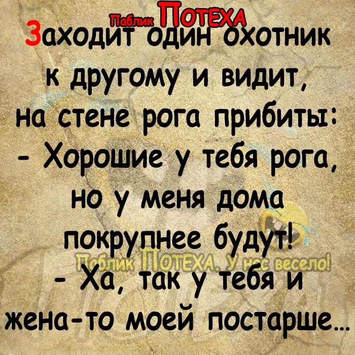 Зчаходлгатдйт Рзйотник к другому и видит на стене рога прибиты Хорошие у тебя рога д но у меня дома покрупнеру б удутР Хё так у тебятЮ жена то моей постарше