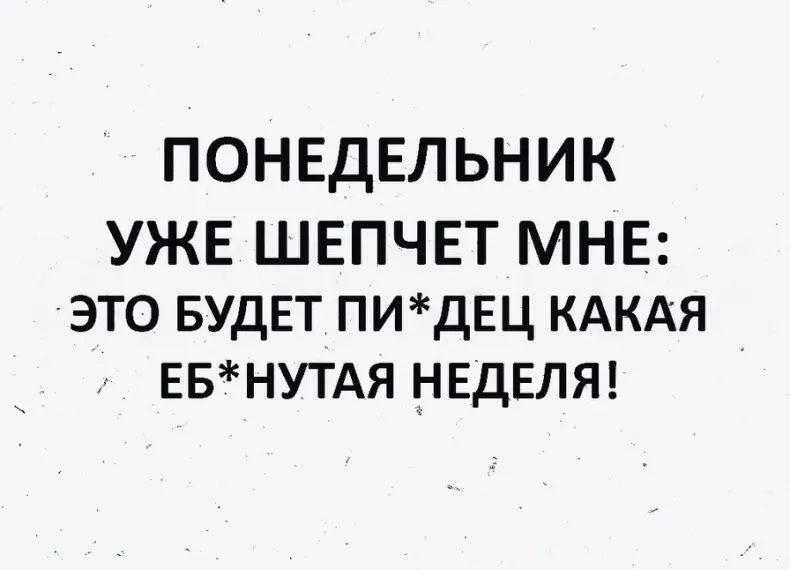 ПОНЕДЕЛЬНИК УЖЕ ШЕПЧЕТ МНЕ это БУДЕТ ПИдЕЦ кдкдя ЕБНУТАЯ НЕДЕЛЯ