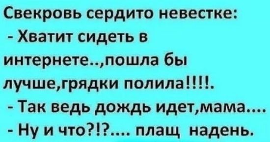 Свекровь сердито невестке Хватит сидеть в интернетепошла бы лучшегрядки полила Так ведь дождь идетмама Ну и что плащ_надень