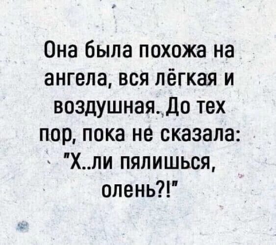 Она была похожа на ангела вся лёгкая и воздушнаяДо тех пор пока не сказала Хпи пялишься оленьг