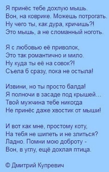 Я принёс тебе дохлую мышь Вон на коврике Можешь потрогать Ну чего ты как дура кричишь Это мышь 3 не сломанный ноготь Я с любовью её приволок Это так романтично и мило Ну куда ты её на совок Съела б сразу пока не остыпа Извини но ты просто банда Я полночи в засаде под крышей Твой мужчина тебе никогда Не принёс даже хвостик ат мыши И вот как мне простому коту На тебя не шипеть и не злиться Ладно Пом