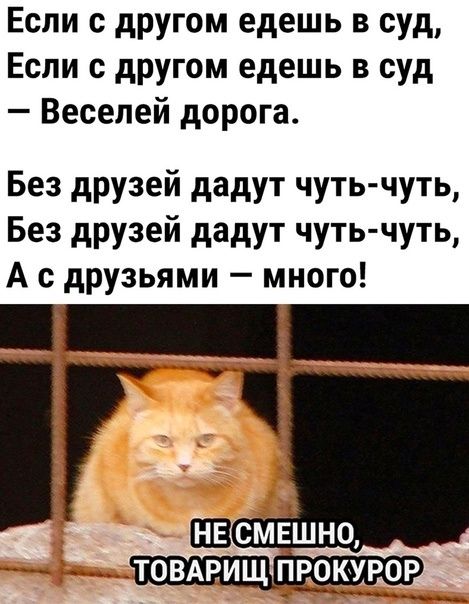 Если с другом едешь в суд Если с другом едешь в суд Веселей дорога Без друзей дадут чуть чуть Без друзей дадут чуть чуть А с друзьями мн_ого _ ТОВАРИЩ ПРОКУРОР