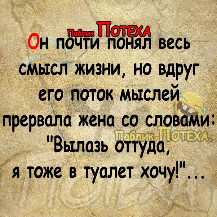 Он ПЧ весь смысл жизни но вдруг его поток мыслей прервала Жена со слрваііиы Вьтлазь оттудё А я тоже в туалет хочу