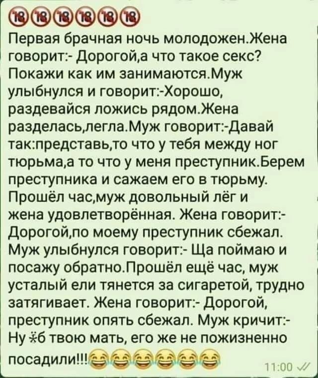 Первая брачная ночь молодоженЖена говорит Дорогойа что такое секс Покажи как им эанимаютсяМуж улыбнулся и говорит Хорошо раздевайся ложись рядомЖена разделасьлегпаМуж говорит давай такпредстааьто что у тебя между ног тюрьмаа то что у меня преступникБерем преступника и сажаем его в тюрьму Прошёл часмуж довольный лёг и жена удовлетворённая Жена говорит дорогойло моему преступник сбежал Муж улыбнулся