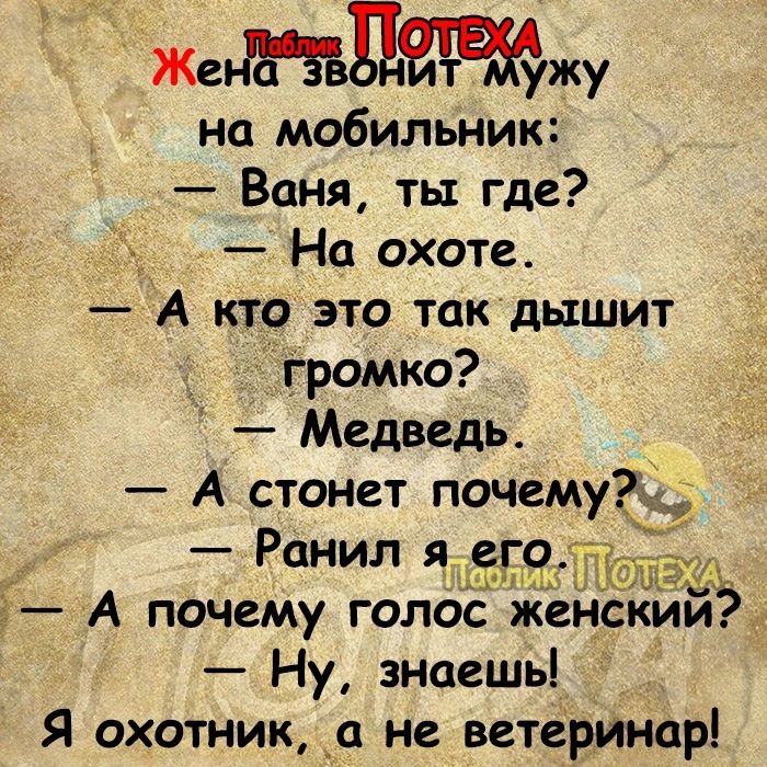 Жет Йи т ужу на мобильник Ваня ты где у На охоте А кто это так дышит громко Медведь А стонет почему Ранил я А почему голос жен ки 5 Ну знаешь Я охотник _а не ветеринар