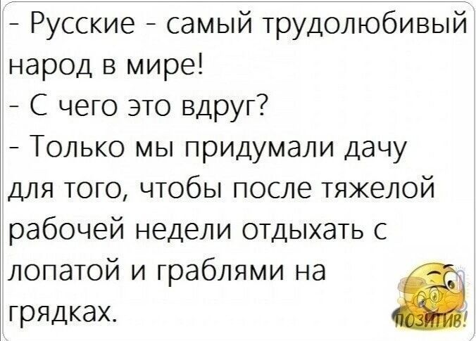 Русские самый трудолюбивый народ в мире С чего это вдруг Только мы придумали дачу для того чтобы после тяжелой рабочей недели отдыхать с лопатой и граблями на грядках _