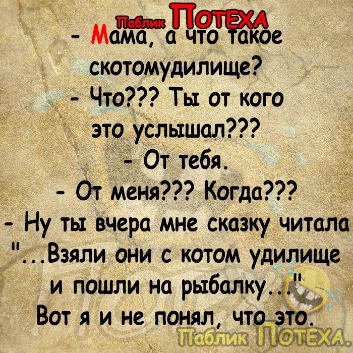 мде скотомудилище Что Ты от кого это услышал От тебя От меня Когда Ну ты вчера мне сказку читала Взяли они с котом удилище и пошли на рыбалку 3 Вот я и не понял чт то _ тіз