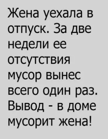 Жена уехала в отпуск За две недели ее отсутствия мусор вынес всего один раз Вывод в доме мусорит жена