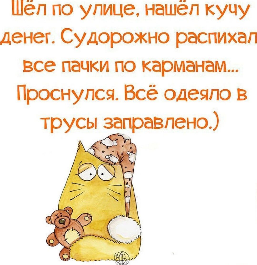 Шёп по улице нашёл кучу денег Судорожно распихап все пачки по карманам Проснулся Всё одеяло в трусы заправлена