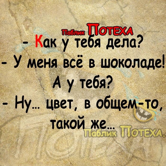 отец Как у те я дела У Меня всё в шоколаде А у тебя Ну цвет в общем то ЧЁ такой же ___