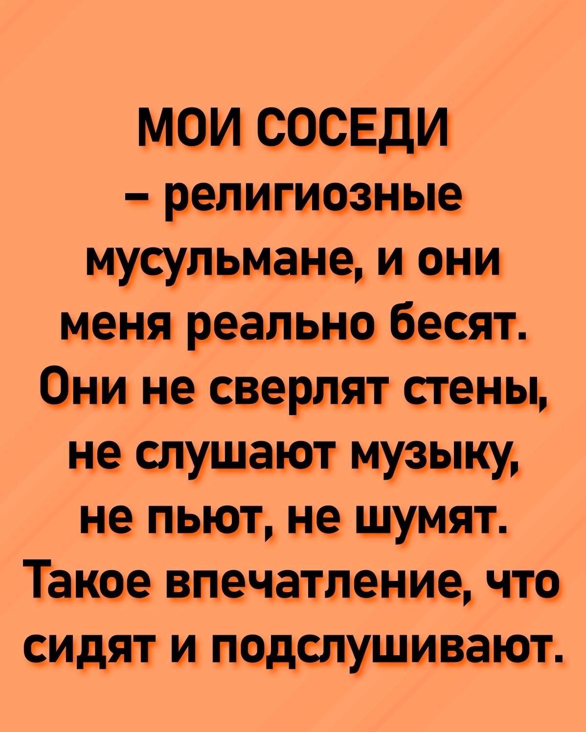 мои СОСЕДИ _ религиесшьщ мусульмане и ани меня реальна бесят Они не сверим стены не ап ушат музыку не пьют не шумят Такое впечатление чта сидят и подшущиваюъ