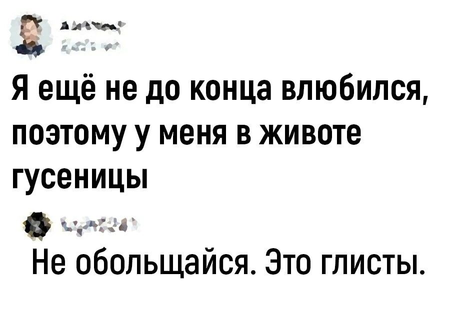 Я ещё не до конца влюбился поэтому у меня в животе гусеницы Не обольщайся Это глисты