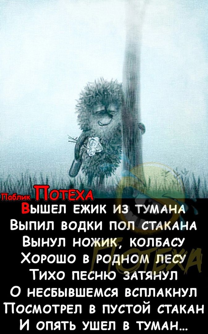 ЫШЕЛ ЕЖИК ИЗ ТУМАНА ВЫПИЛ ВОДКИ ПОЛ СТАКАНА ВЫНУП НОЖИК КОПБАСУ ХОРОШО В РОДНОМ ЛЕСУ ТИХО ПЕСНЮ ЗАТЯНУЛ О НЕСБЫВШЕМСЯ ВСПЛАКНУЛ ПОСМОТРЕЛ В ПУСТОЙ СТАКАН И ОПЯТЬ УШЕЛ В ТУМАН