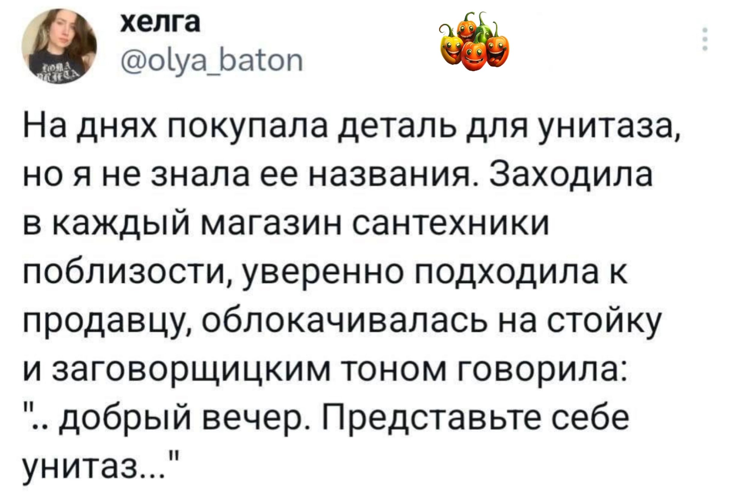 ХЕПГЗ оуа_Ьаоп На днях покупала деталь для унитаза но я не знала ее названия Заходила в каждый магазин сантехники поблизости уверенно подходила к продавцу облокачивалась на стой ку и заговорщицким тоном говорила добрый вечер Представьте себе унитаз