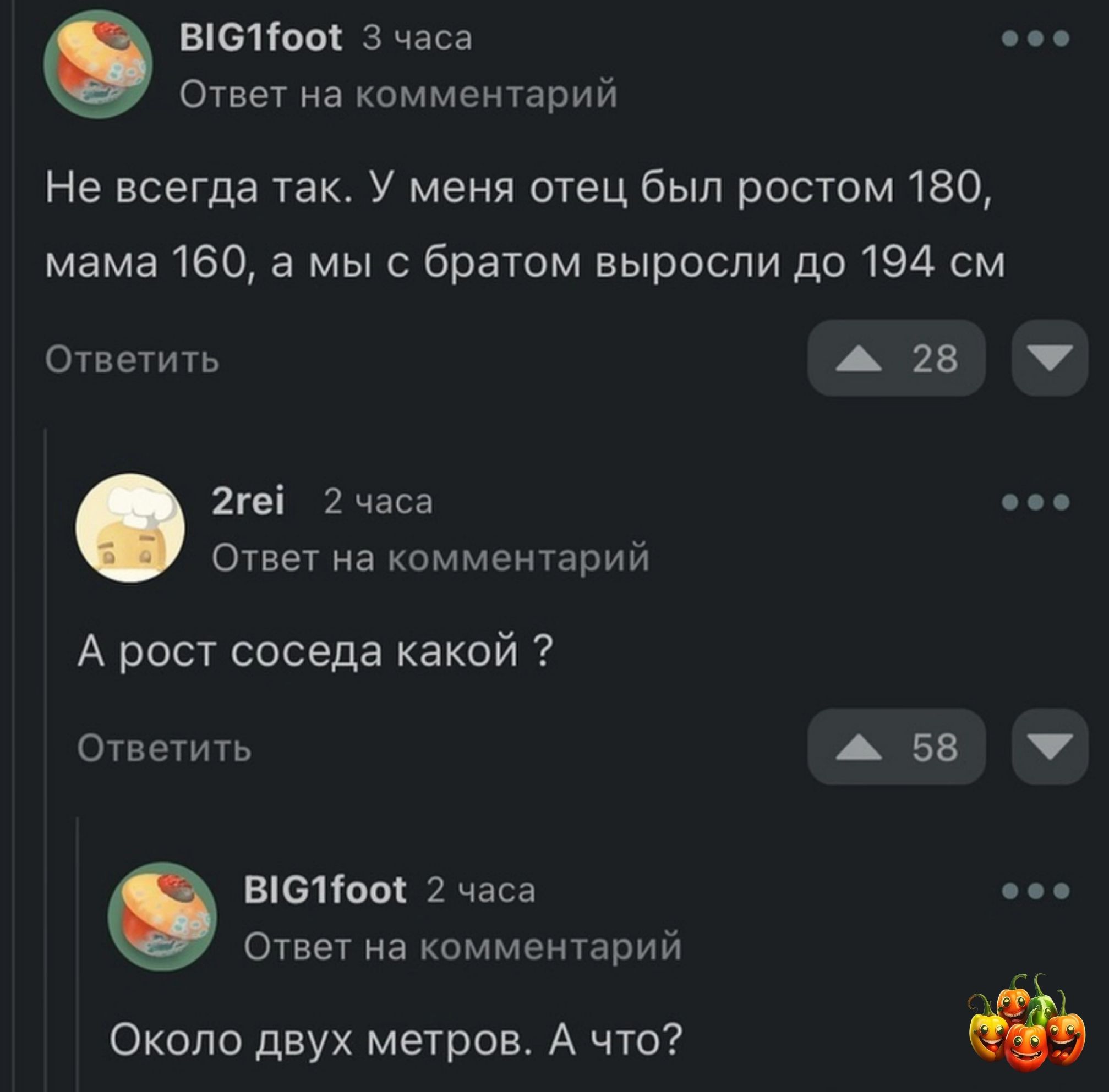 3161100 Зчаса Ответ на комментарий Не всегда так У меня отец был ростом 180 мама 160 а мыс братом выросли до 194 см Ответить А 28 2теі 2 часа Ответ на Комментарий А рост соседа какой Ответить А 55 виснит 2 часа Ответ на комментарий Около двух метров А что