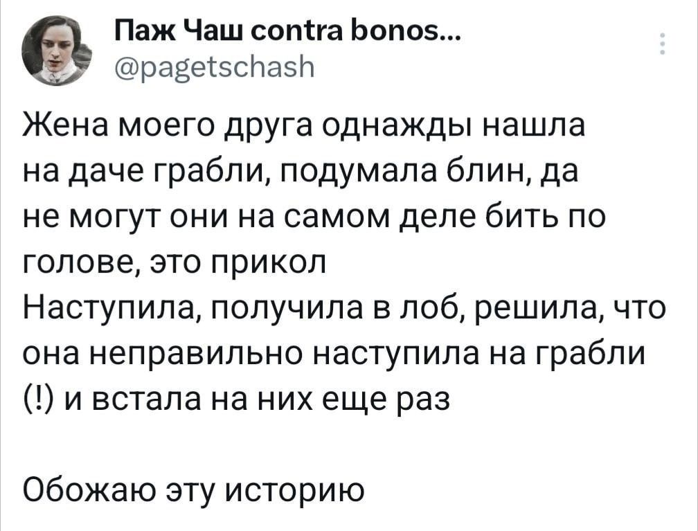 Паж Чаш соппа Ьоп05 раёетзспазп Жена моего друга однажды нашла на даче грабли подумала блин да не могут они на самом деле бить по голове это прикол Наступила получила в лоб решила что она неправильно наступила на грабли и встала на них еще раз Обожаю эту историю