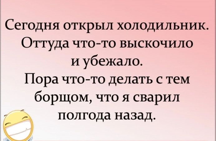 Сегодня открыл холодильник Оттуда чтото выскочило и убежало Пора что то делать с тем борщом что я сварил КЭ полгода назад