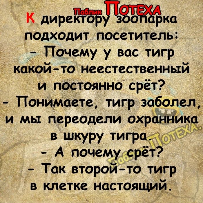 К диредка подходит посетитель Почему у вас тигр коКойто неестественный и постоянно срёт ПонИмаете тигр заболел и мы переодели охроннищё в шкуру тиград А почему врёт Так второй то тигр в клетке настоящий