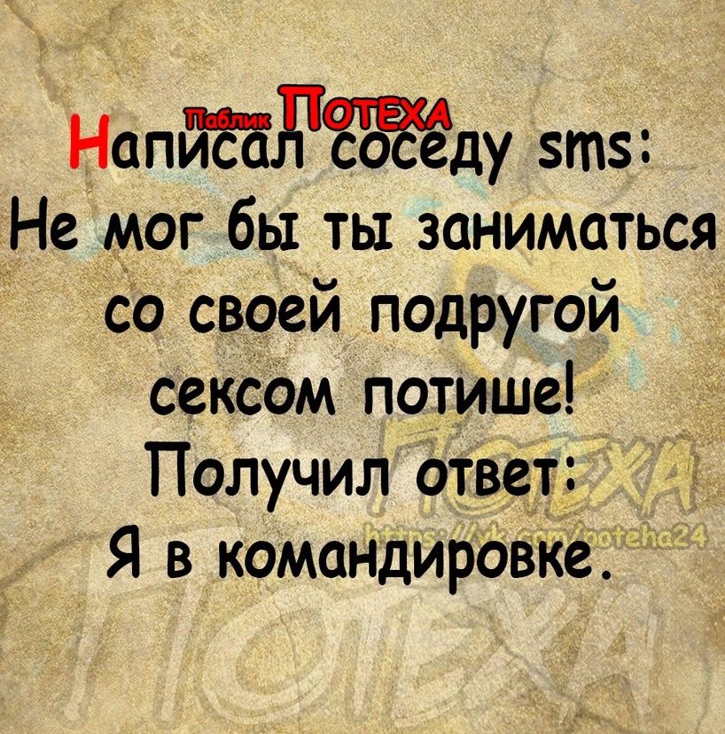 НапйЁРЁЁЁду зтз Не мог бы ты заниматься со своей подругой сексом потише Получил Ответ Я в командировке