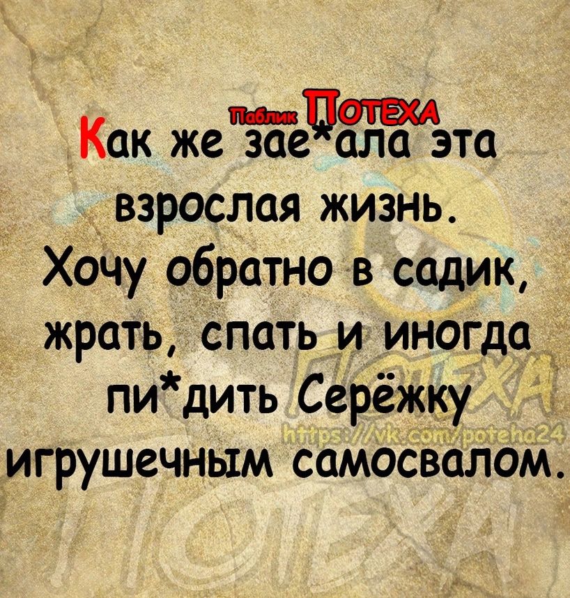 Как жечёечжэто взрослая жизнь Хочу обратно в садик жрать спать _и иногдадд пи дить Сёрёжку игрушечным самОсвалом