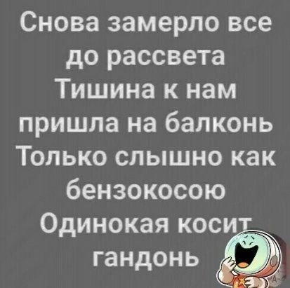 Снова замерло все до рассвета Тишина к нам пришла на балконь Только слышно как бензокосою Одинокая коси гандонь _