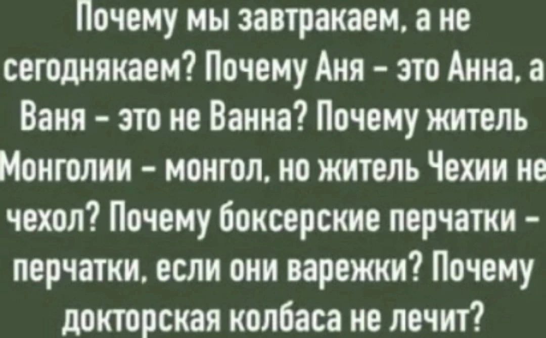 Почему мы завтракаем а не сегодиякаем Почему Аня это Акка а Ваия это не Ванна Почему житель Монголии моигоп ио житель Чехии не чехол Почему боксерские перчатки перчатки если они варежки Почему докгорская колбаса ие лечит