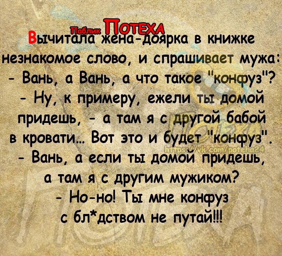 Вычиттдтжрка в книжке незнаю тое слово и спрашивает мужа Вань п Вань что такое конфуз Ну к примеру ежели ты домой придешь а там я другой бабой в кровати Вот это и будет конфуз Вань если ты домой придеціь там я с другим мужиком Но но Ты мне конфуз с блдством не путай