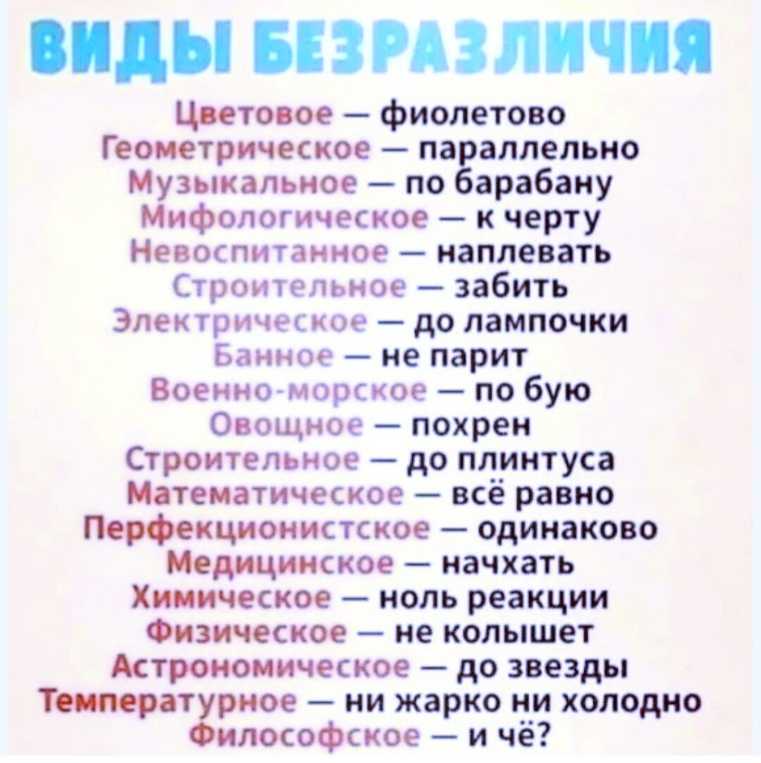 виды ЗРАЗЛПЧПЯ Цветовое фиолетоно Генетическое па аллепьио Музыкальиое по арабаиу Мифологическое к черту Невщпитаииое наплевать Строительиое забить Электричи кор до лампочки Банное ие парит Воениомооское по бую 0 ощиое похреи Строительное до плинтуса Математическое всё равно шшжтское одинаково Медицинское пачкать Химическое моль реакции изическое не колышет Астрономическое до звезды Татаиое ии жар