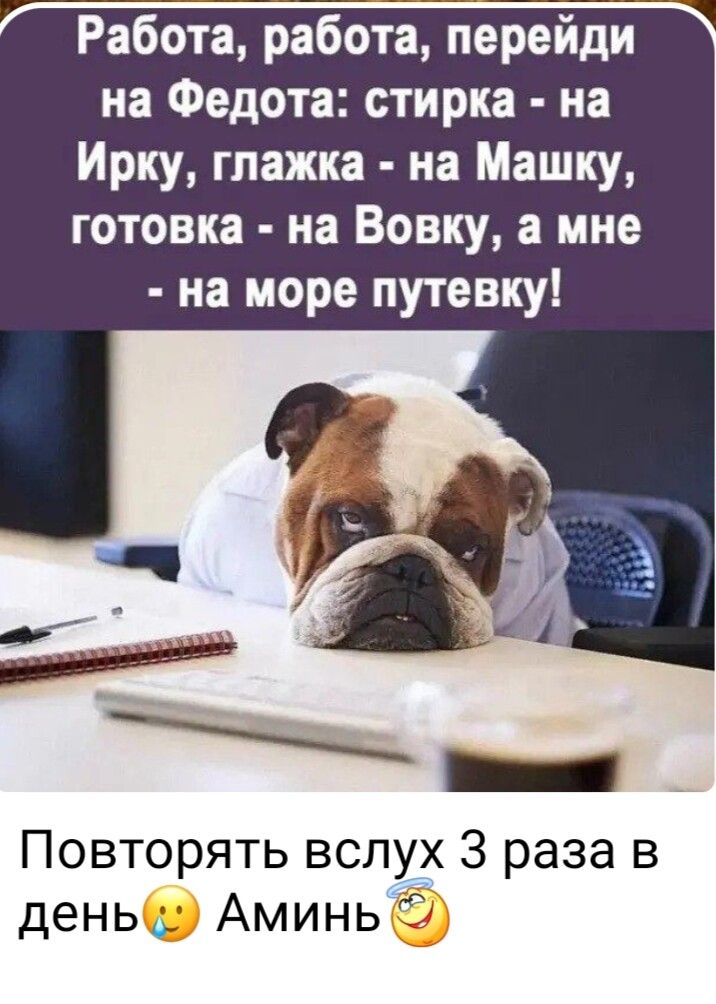 Работа работа перейди на Федота стирка на Ирку глажка на Машку готовка на Вовку а мне на море путевку Повторять вслух 3 раза в день Аминь